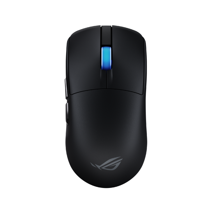 Souris gaming ROG Harpe II Ace avec molette RGB bleue, design ambidextre et logo ROG au bas de la coque.